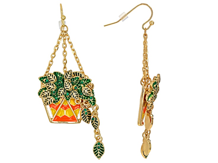 Green Crystal & Multi-Color Enamel Gold Tone Hanging Plant Motif Earrings