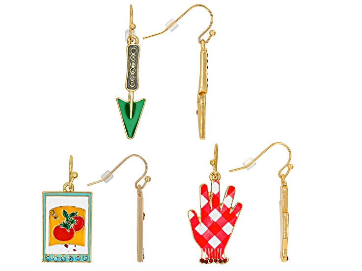 Multi-Color Crystal & Enamel Gold Tone Gardening Motif Earring Set of 3