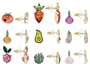 Multi-Color Crystal & Enamel Gold Tone Vegetable Stud Earring Set of 9