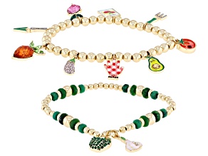 Enamel, Crystal, & Plastic Gold Tone Vegetable Garden Charm Bracelet Set of 2