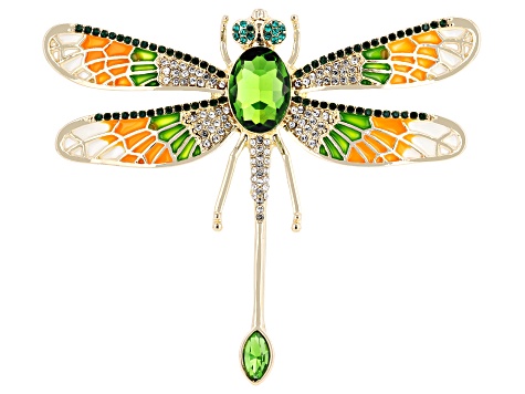 Multi-Color Crystal & Enamel Gold Tone Dragonfly Brooch - OPC2153