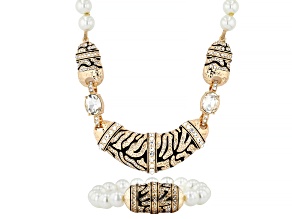 White Crystal, Pearl Simulant, Enamel, Gold Tone Necklace & Bracelet Set