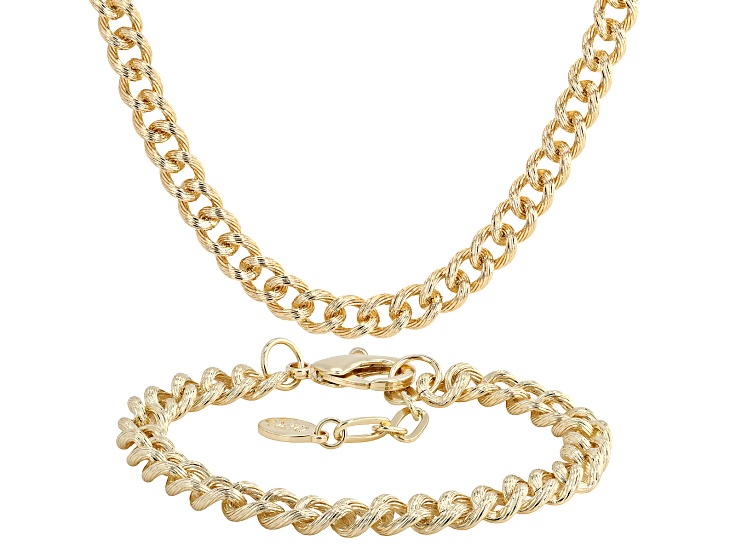 Gold Tone Textured Curb Link Necklace & Bracelet Set