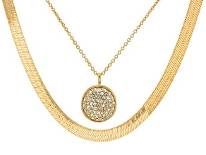 White Crystal Gold Tone Oval Cable & Herringbone Layered Necklace