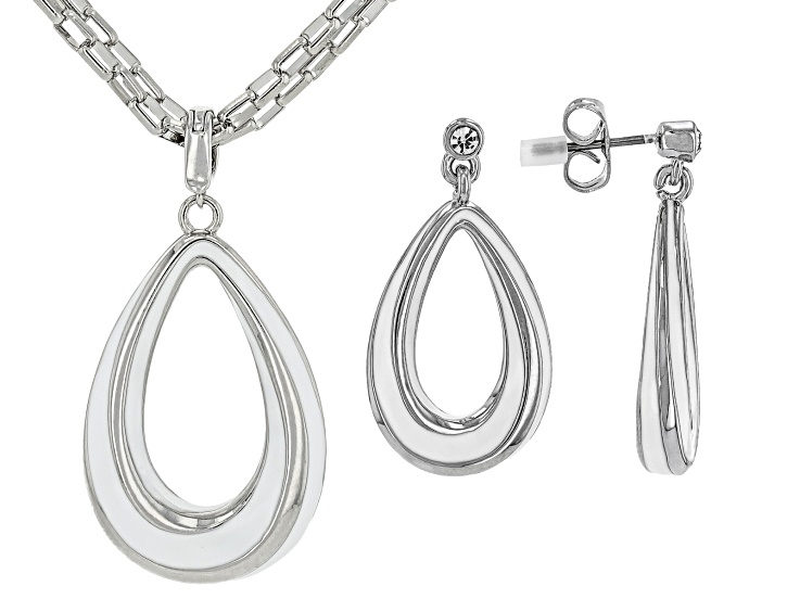 White Crystal With White Enamel Silver Tone Enhancer With Chain & Earring Set