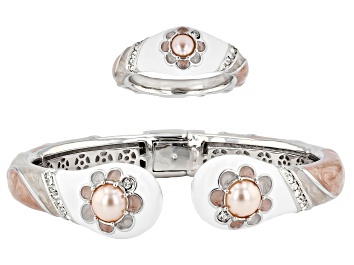 Picture of Multi-Color Crystal & Enamel Silver Tone Cuff Bracelet & Ring Set