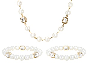 Pearl Simulant, White Crystal Gold Tone Necklace & Stretch Bracelet Set