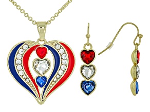 Red, White & Blue Crystal, Enamel Gold Tone Patriotic Necklace & Earrings Set