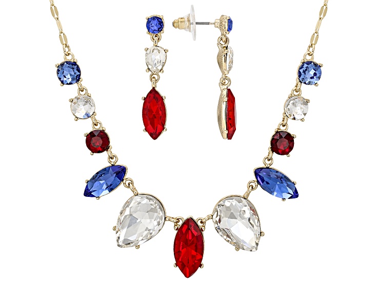 Red, White and Blue Crystal Gold Tone Necklace and Earring Set