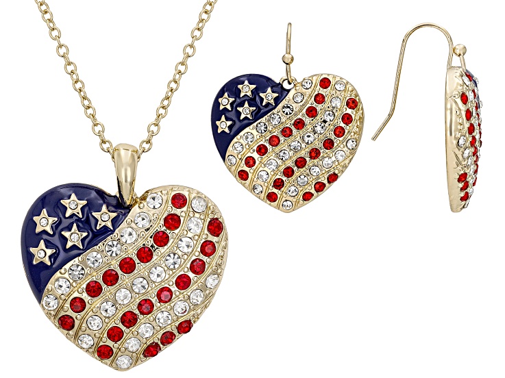 Red and White Crystal Gold Tone Americana Heart Necklace and Earring Set