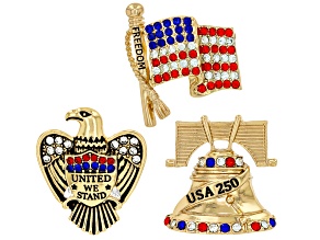 Red, White & Blue Crystal Gold Tone Patriotic Pin Set of 3