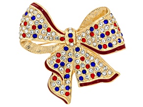 Red, White & Blue Crystal With Red Enamel Gold Tone Patriotic Bow Pin
