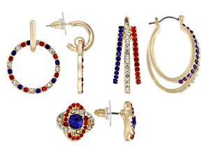 Red, White and Blue Crystal Gold Tone Patriotic Earring Set of 3