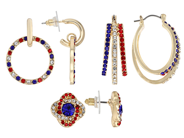 Red, White and Blue Crystal Gold Tone Patriotic Earring Set of 3