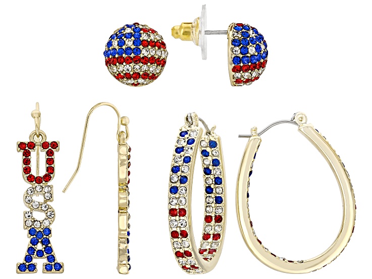 Red, White and Blue Crystal Gold Tone Americana Earring Set of 3