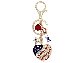 Red, White and Blue Crystal Gold Tone Americana 250 Heart Keychain