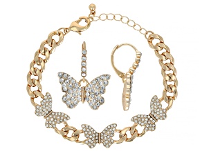 White Crystal Gold Tone Butterfly Bracelet & Earrings Set
