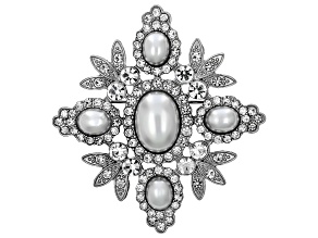 White Pearl Simulant With White Crystal Silver Tone Brooch With Bail