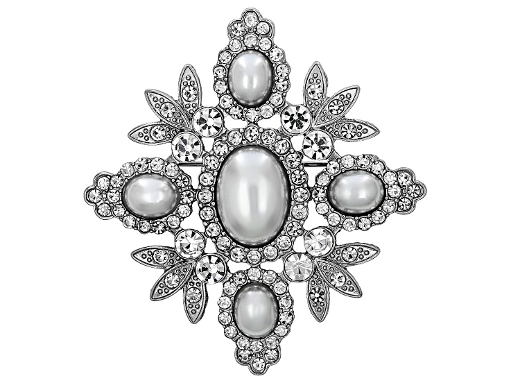 White Pearl Simulant With White Crystal Silver Tone Brooch With Bail