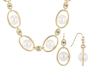 White Pearl Simulant With White Crystal Gold Tone Necklace and Earring Set