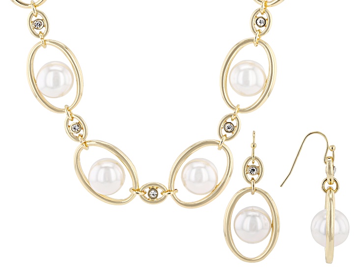 White Pearl Simulant With White Crystal Gold Tone Necklace and Earring Set