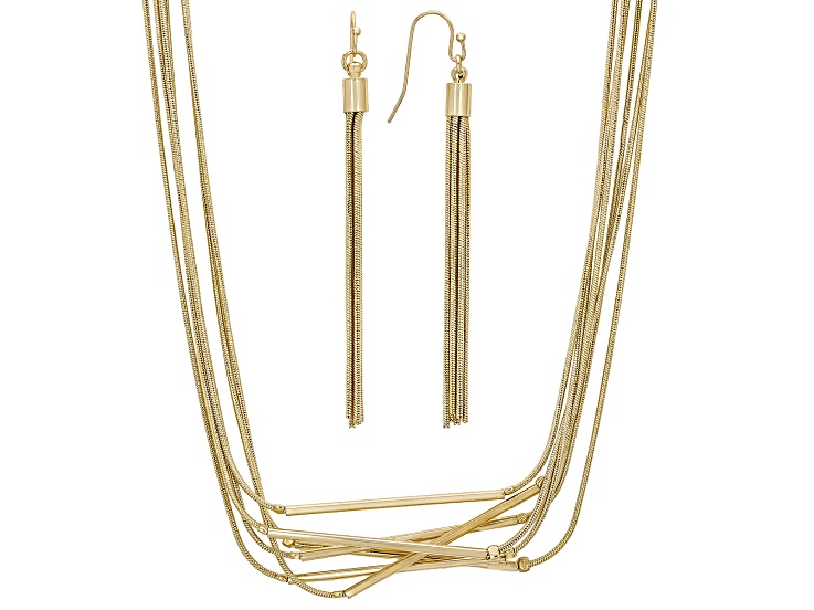 Gold Tone Multi-Snake Chain Necklace and Earrings Set