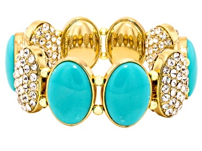 Turquoise Simulant With White Crystal Gold Tone Reversible Stretch Bracelet