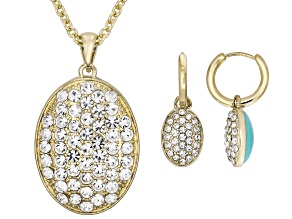 Turquoise Simulant With White Crystal Acrylic Gold Tone Pendant and Earrings Set