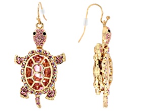 Pink & Black Crystal Gold Tone Turtle Earrings