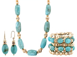 Turquoise Simulant With White Crystal Gold Tone Jewelry Set