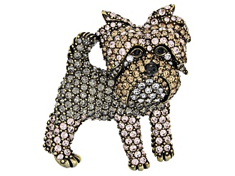 Multicolor Crystal Antiqued Gold Tone Yorkshire Terrier Brooch