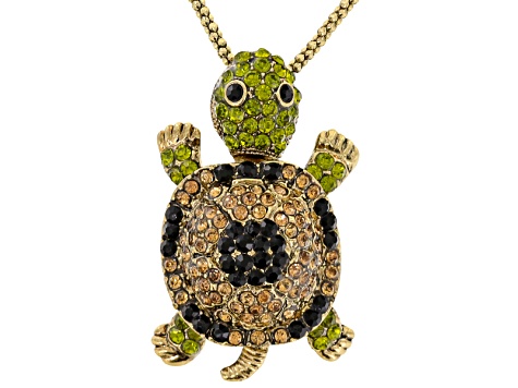 Multicolor Crystal Antiqued Gold Tone Moving Turtle Pendant With Chain