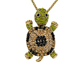 Multicolor Crystal Antiqued Gold Tone Moving Turtle Pendant With Chain