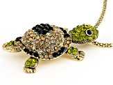 Multicolor Crystal Antiqued Gold Tone Moving Turtle Pendant With Chain