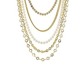 White Crystal Pearl Simulant Gold Tone Multi Row Necklace