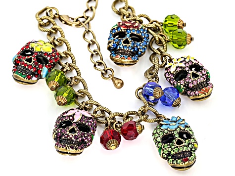 Multi Color Crystal Antiqued Gold Tone Day of the Dead Charm Bracelet