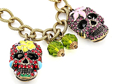 Multi Color Crystal Antiqued Gold Tone Day of the Dead Charm Bracelet