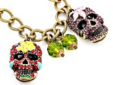 Multi Color Crystal Antiqued Gold Tone Day of the Dead Charm Bracelet