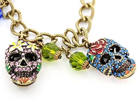 Multi Color Crystal Antiqued Gold Tone Day of the Dead Charm Bracelet