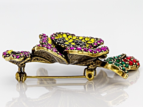 Multicolor Crystal Antiqued Gold Tone Pansy Brooch