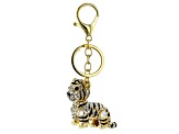 Gold Tone White And Black Crystals Tiger Key Chain