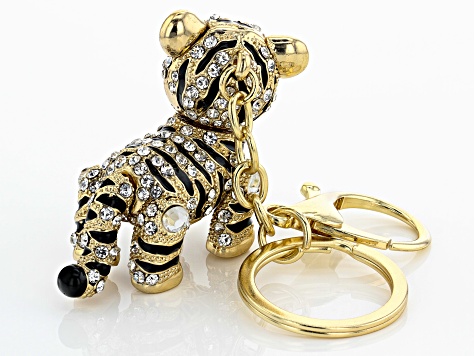 Gold Tone White And Black Crystals Tiger Key Chain