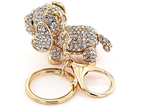 Gold Tone White Crystal Puppy Key Chain