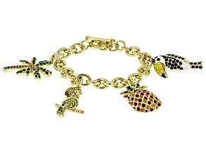 Multicolor Crystal Gold Tone Parrot, Pineapple, Palm Tree Charm Bracelet