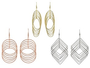 Gold, Silver And Rose Tone Geometric Hoop Earring Set Of 3