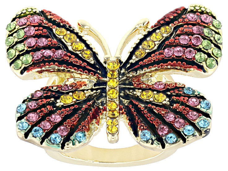 Multicolor Crystal Gold Tone Butterfly Statement Ring
