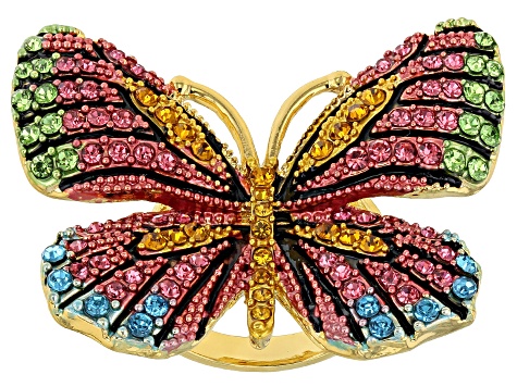 Multicolor Crystal Gold Tone Butterfly Statement Ring