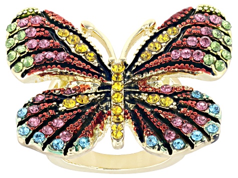 Multicolor Crystal Gold Tone Butterfly Statement Ring