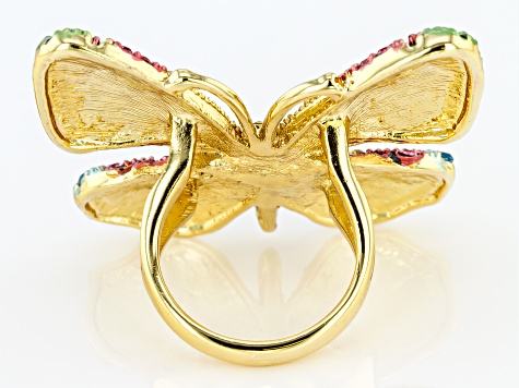 Multicolor Crystal Gold Tone Butterfly Statement Ring