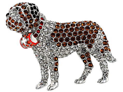 Crystal Silver Tone Saint Bernard Dog Brooch